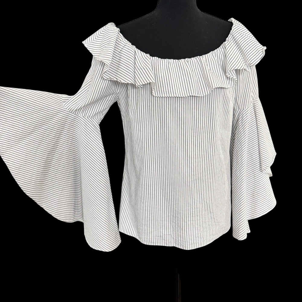 V Cristina Pinstripe Off The Shoulder Ruffle Bell Sleeve Blouse P/S Black White